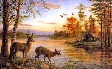 Animal Painting - ciervo naturaleza río abedul